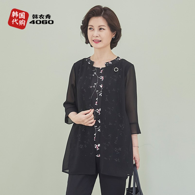 韩国中老年女假两件上衣2022夏季妈妈装碎花拼接宽松衬衣BL203023