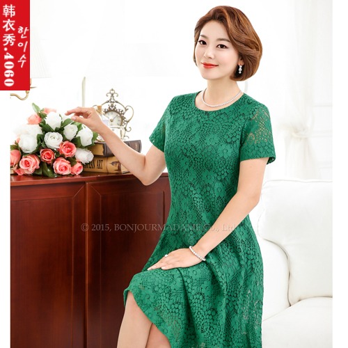 韩国中老年女装连衣裙短袖夏季妈妈装裙子圆领绿色蕾丝中裙1147