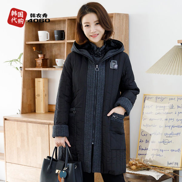 韩国代购冬季中老年女装棉衣加绒宽松大码妈妈装外套连帽OUA6055