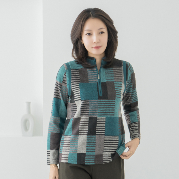 韩国妈妈装长袖半拉链格子T恤中老年女装加绒保暖打底衫TE2511016