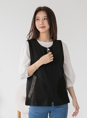 韩国妈妈装拉链马夹2025春大码女装圆领拼接纯色开衫VE2504002