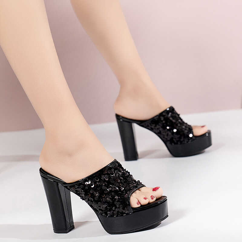 大码亮片防水台高跟鱼嘴凉鞋女2025夏季新款外穿厚底粗跟凉拖鞋