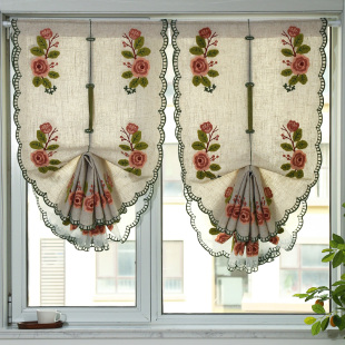 饰 刺绣小窗帘飘窗厨房卫生间半帘装 成品免打孔魔术贴田园美式 花季