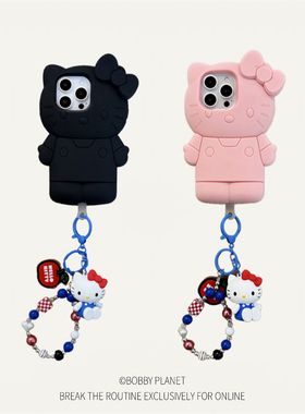 @BOBBY PLANET日本原单立体粉色黑皮kitty挂件手绳适用iPhone16Promax手机壳苹果1543软硅胶甜美闺蜜礼物12女