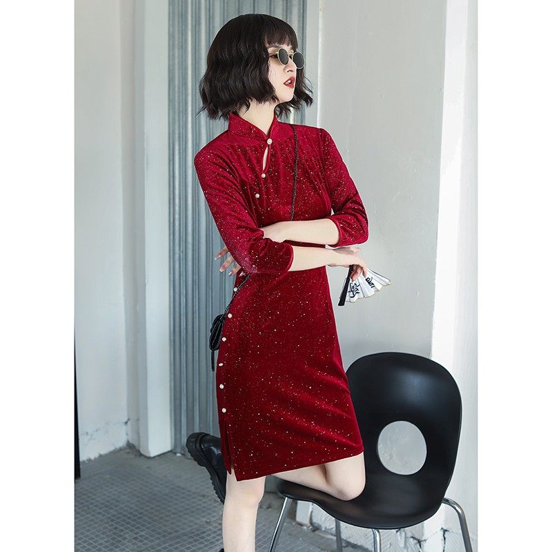 红色丝绒旗袍裙女改良版连衣裙年轻款少女长袖2021年新款日常可穿