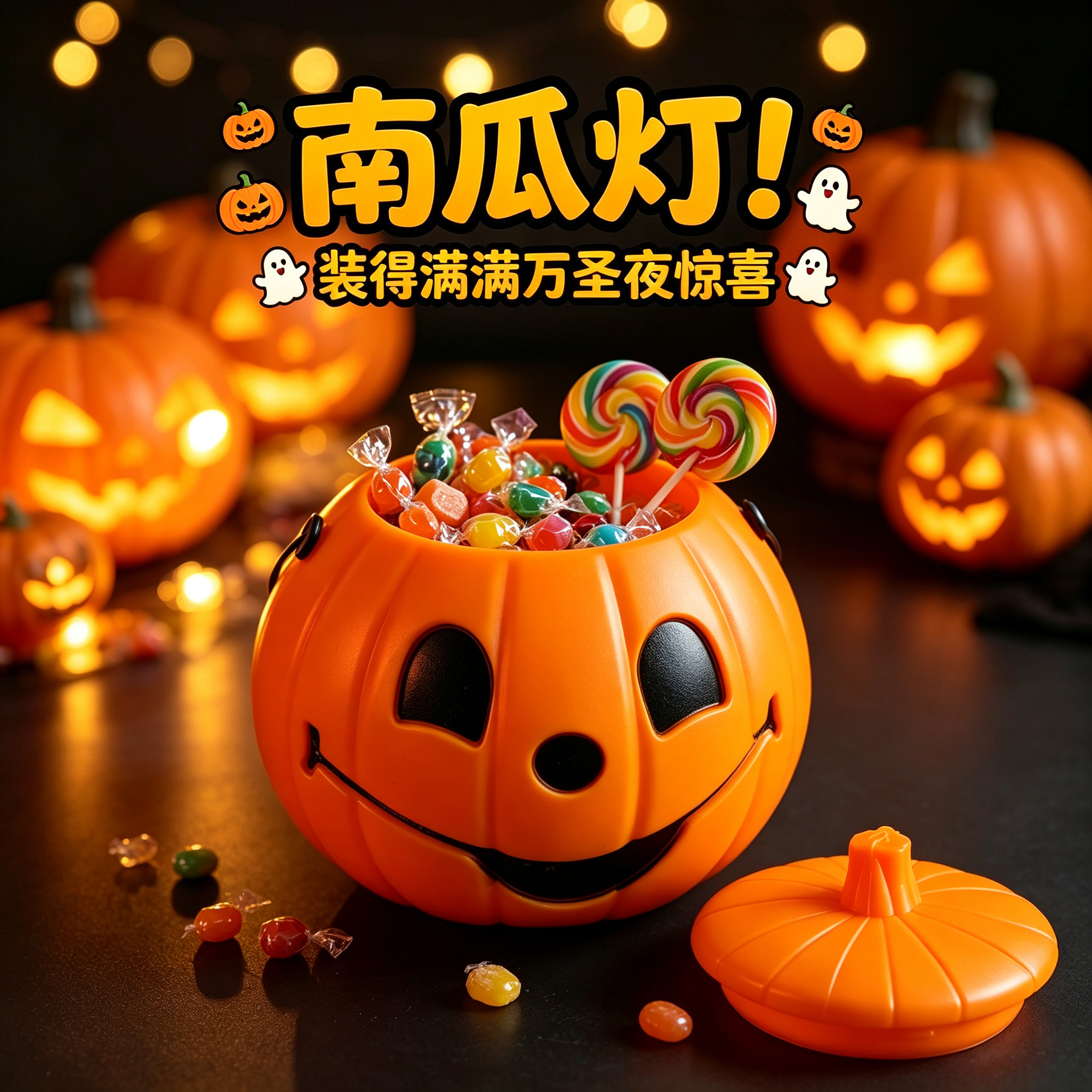 万圣节南瓜灯发光手提儿童道具南瓜桶糖果罐讨糖袋灯笼装饰品篮子
