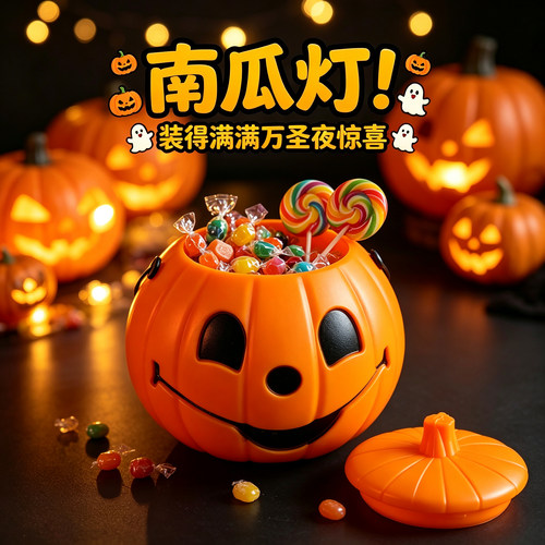 万圣节南瓜灯发光手提儿童道具南瓜桶糖果罐讨糖袋灯笼装饰品篮子