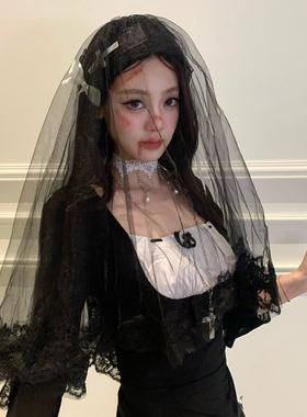 万圣节黑色头纱蕾丝鬼新娘cos头饰婚纱拍照道具高级感哥特风配饰