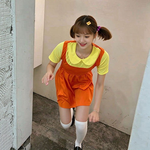 黄橘色连衣裙大头娃娃木头人cos服万圣节服装女装服饰装扮衣服