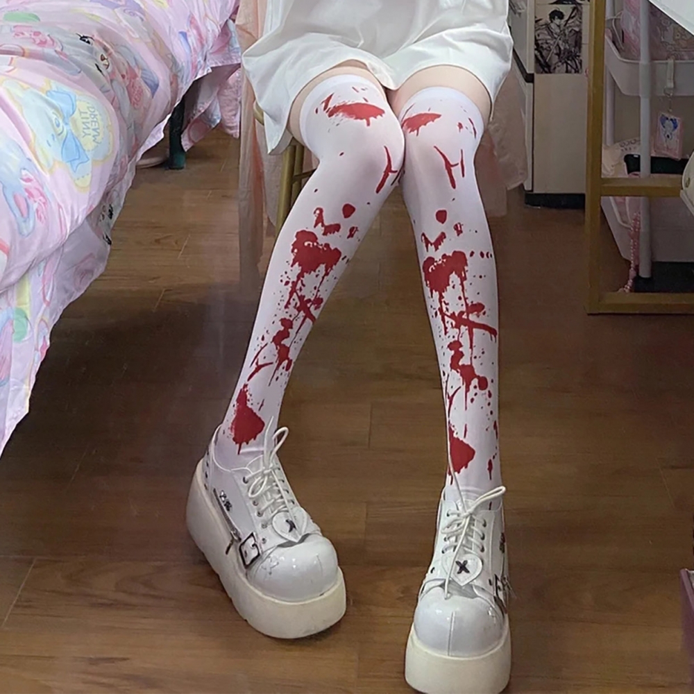 长筒袜万圣节袜子白色血液过膝辣妹亚文化丝袜暗黑朋克装扮道具