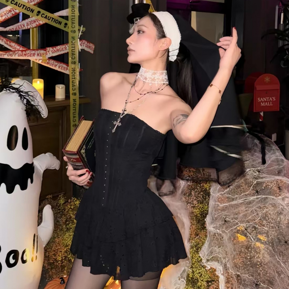 万圣节cosplay服装女修女服黑色连衣裙女装成人服饰日常可穿衣服