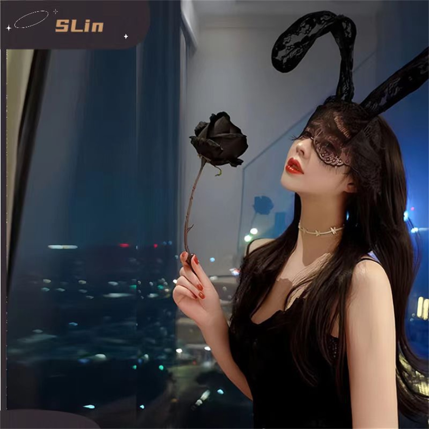 蕾丝兔耳朵发箍网纱面罩拍照道具