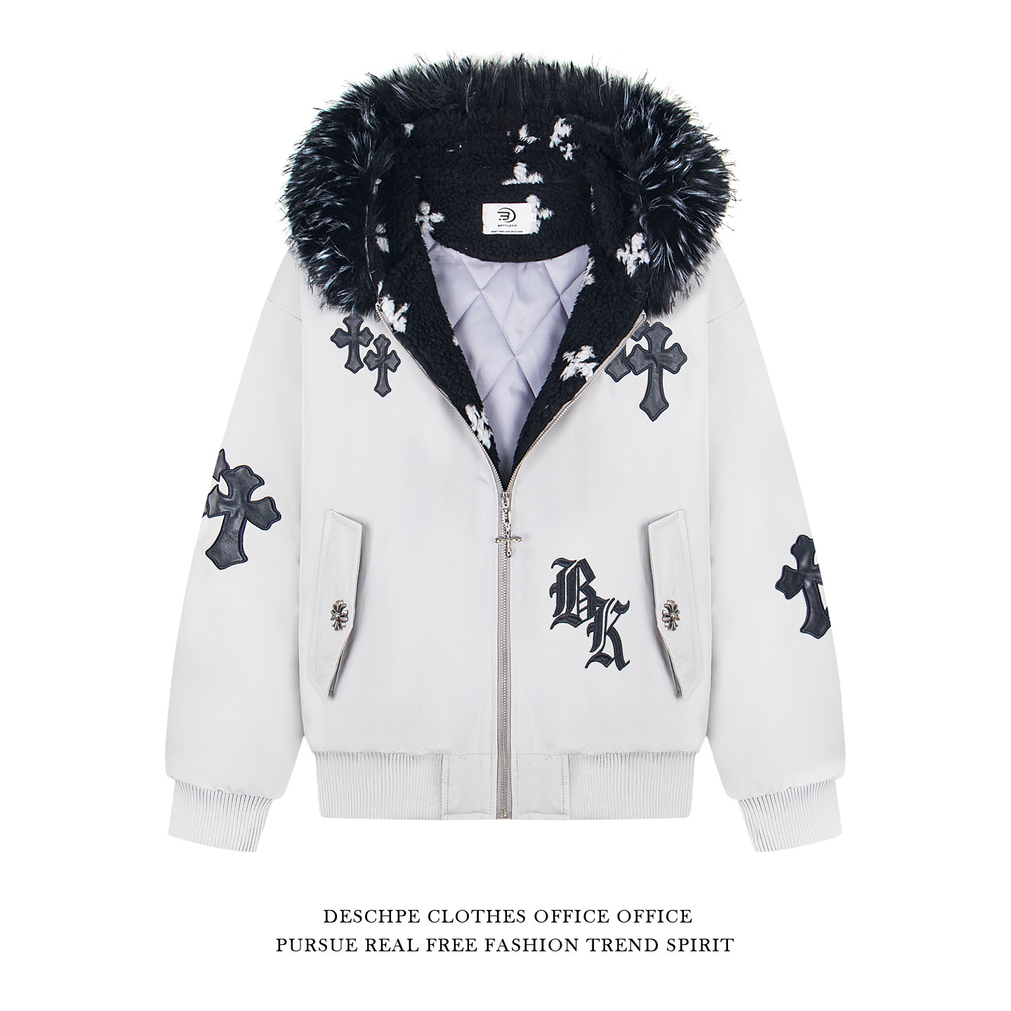 国潮座山雕毛领羊羔绒连帽棉服