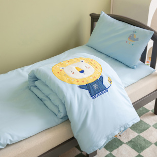 幼儿园被子三件套纯全棉儿童宝宝纯蓝绿色绣花入园含芯六件套床品