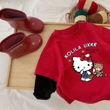 儿童katty猫长袖宝宝纯棉T恤红色2025春秋男女童卡通假两件打底衫