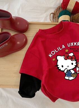 儿童katty猫长袖宝宝纯棉T恤红色2025春秋男女童卡通假两件打底衫