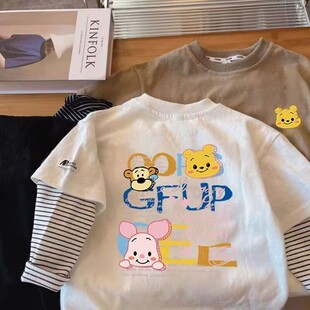 儿童维尼长袖宝宝小熊T恤纯棉2025春秋男童女童卡通假两件打底衫