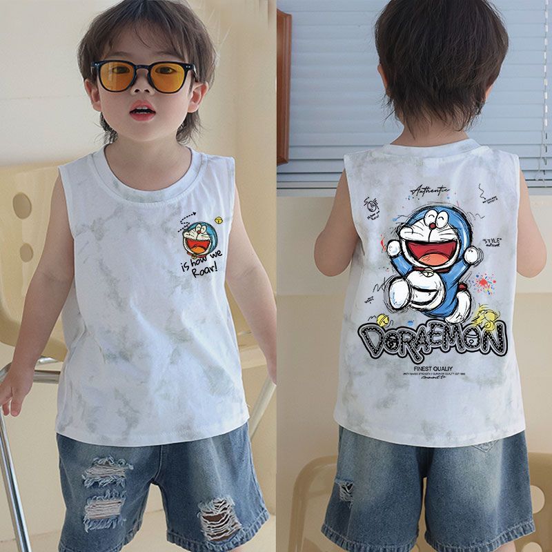 儿童叮当猫背心无袖衫纯棉宝宝哆啦A梦上衣夏季男童女童卡通半袖