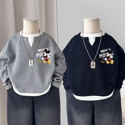 儿童米奇卫衣宝宝华夫格上衣春秋新款男童女童卡通长袖动漫打底衫