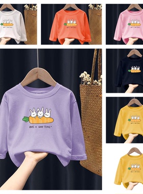 女孩幼儿园宝宝中大童圆领兔子卡通印花纯棉长袖T恤上衣春秋季装