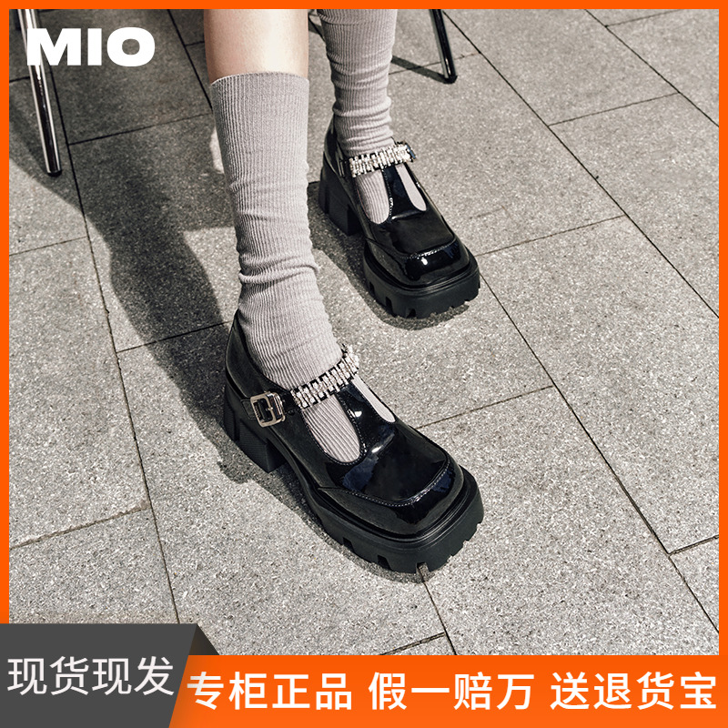 MIO米奥秋季新款方头粗跟单鞋珍珠钻饰袢带复古玛丽珍鞋女