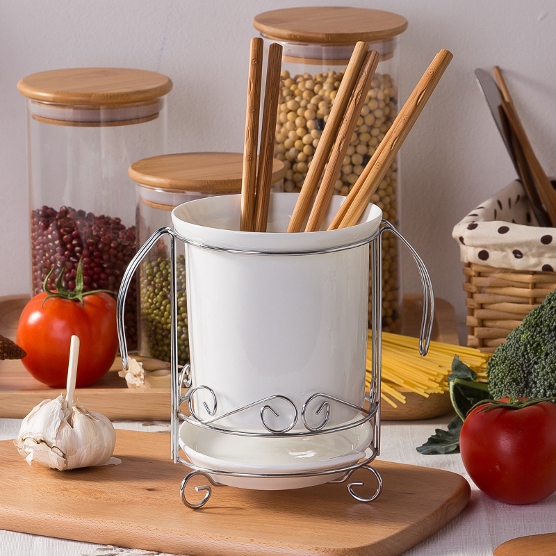 厨房用品陶瓷放筷子餐具架2层含沥水盘景德镇纯白骨瓷筷子筒筷笼