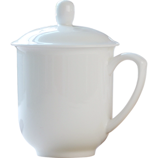 家用纯白色简约杯子商务会议杯办公杯陶瓷骨瓷泡茶杯创意带盖水杯