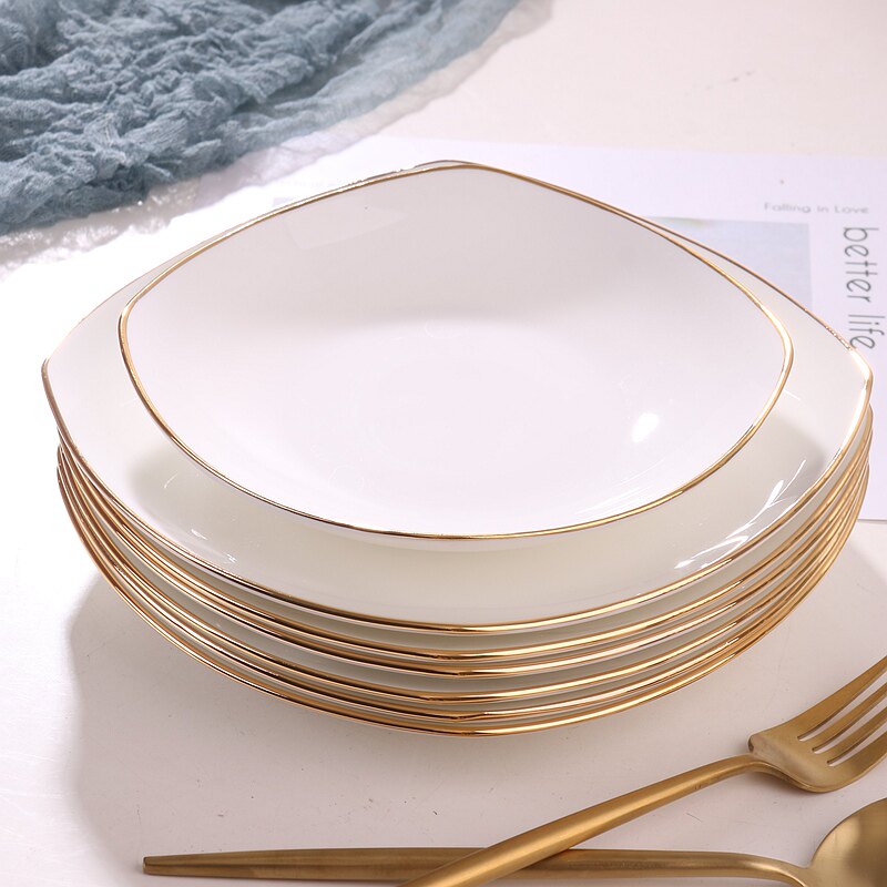 金边骨瓷餐具四方形深盘菜汤盘家用菜盘子深口碟子餐盘