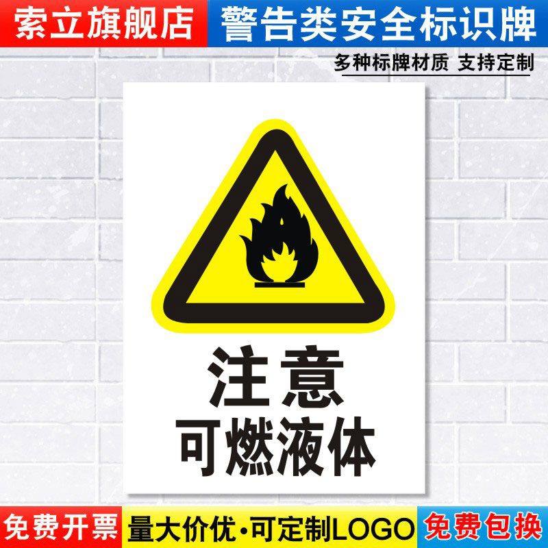 注意可燃液体标识牌当心小心消防安全警示工厂车间仓库警告标示标志牌