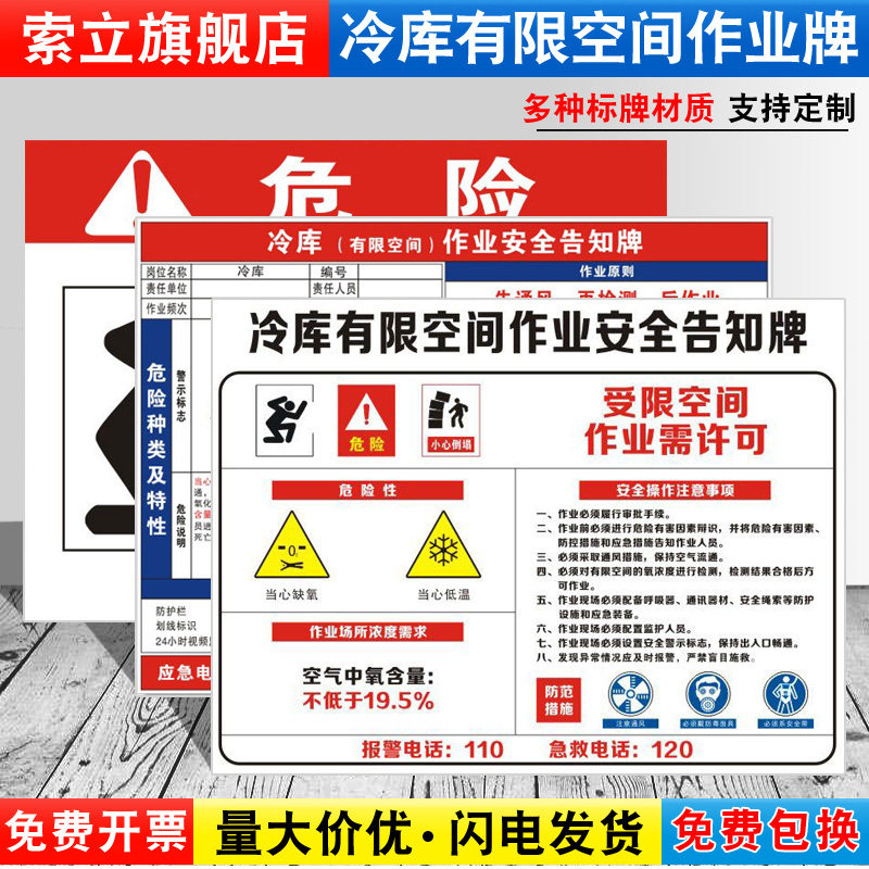 冷库有限空间作业告知牌卡警示警告标志仓库密闭受限空间需许可指示