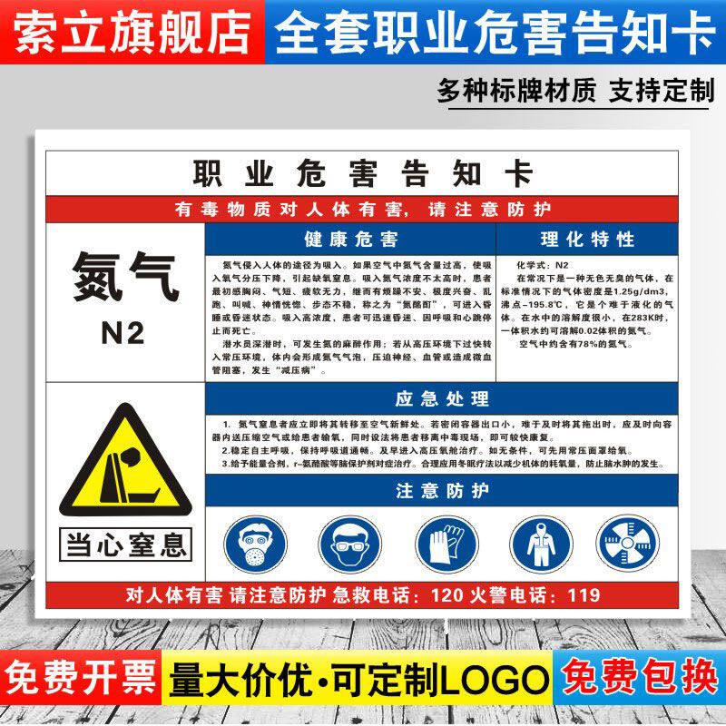 氮气职业病危害告知牌卡卫生消防安全周知危险废物化学品工厂车间标识