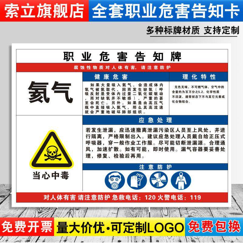 氦气职业病危害告知牌卡卫生当心中毒消防安全周知危险废物化学品工厂