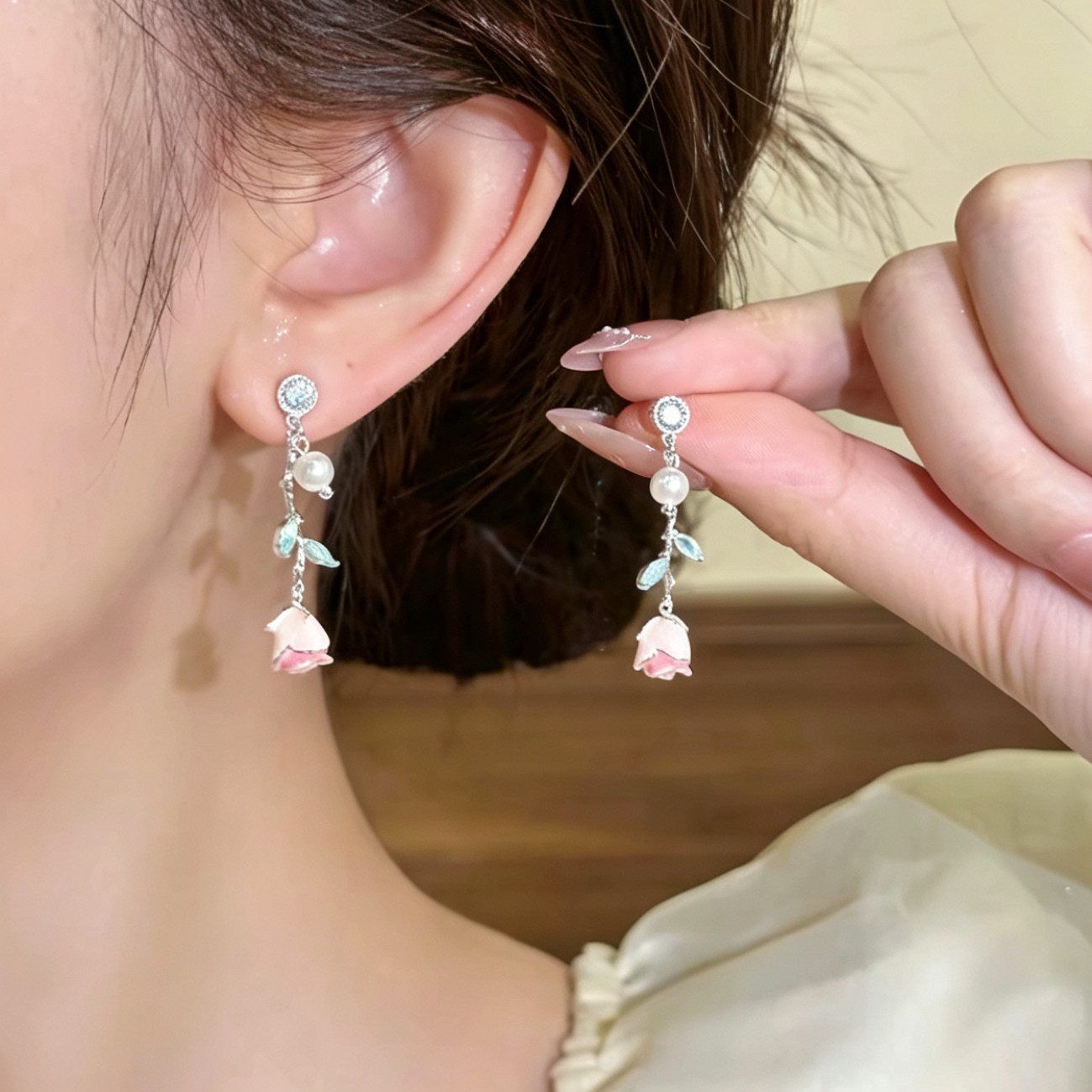 法式超仙粉色玫瑰花珍珠锆石流苏耳钉女轻奢高级时尚气质百搭耳环