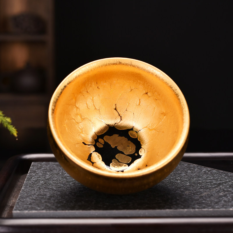手工金油滴建盏铁胎黄金天目茶盏鎏金陶瓷主人杯金盏茶杯功夫茶盏