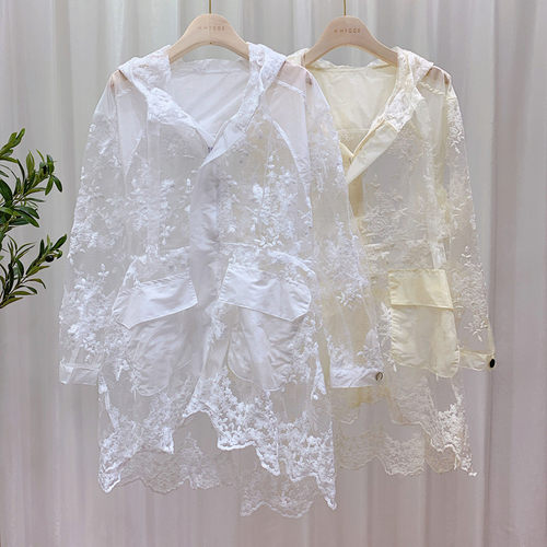 欧洲站蕾丝刺绣中长款透视薄外套