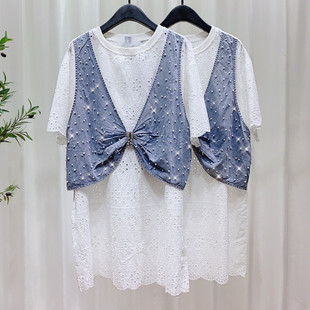 时尚洋气夏季欧货新款钉珠牛仔拼接蕾丝T恤女宽松显瘦假两件上衣