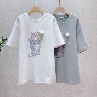 亏本清!不退不换!水钻宽松休闲ins磨毛个性短袖圆领T恤女