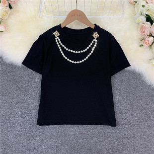 亏本清!不退不换!网红珍珠链条挂链修身小个子圆领百搭T恤女