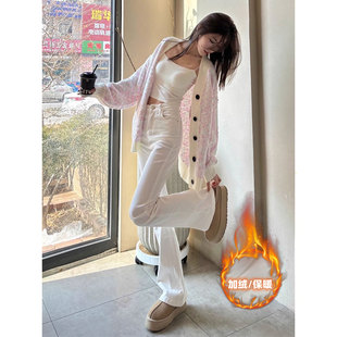 美式白色加绒微喇叭牛仔裤女秋冬高腰修身显瘦垂感加长拖地马蹄裤