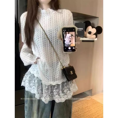 白色长袖半高领蕾丝花边打底衫女