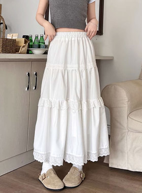 港味白色蛋糕裙半身裙女春夏大码胖MM高腰显瘦蕾丝长裙a字伞裙子