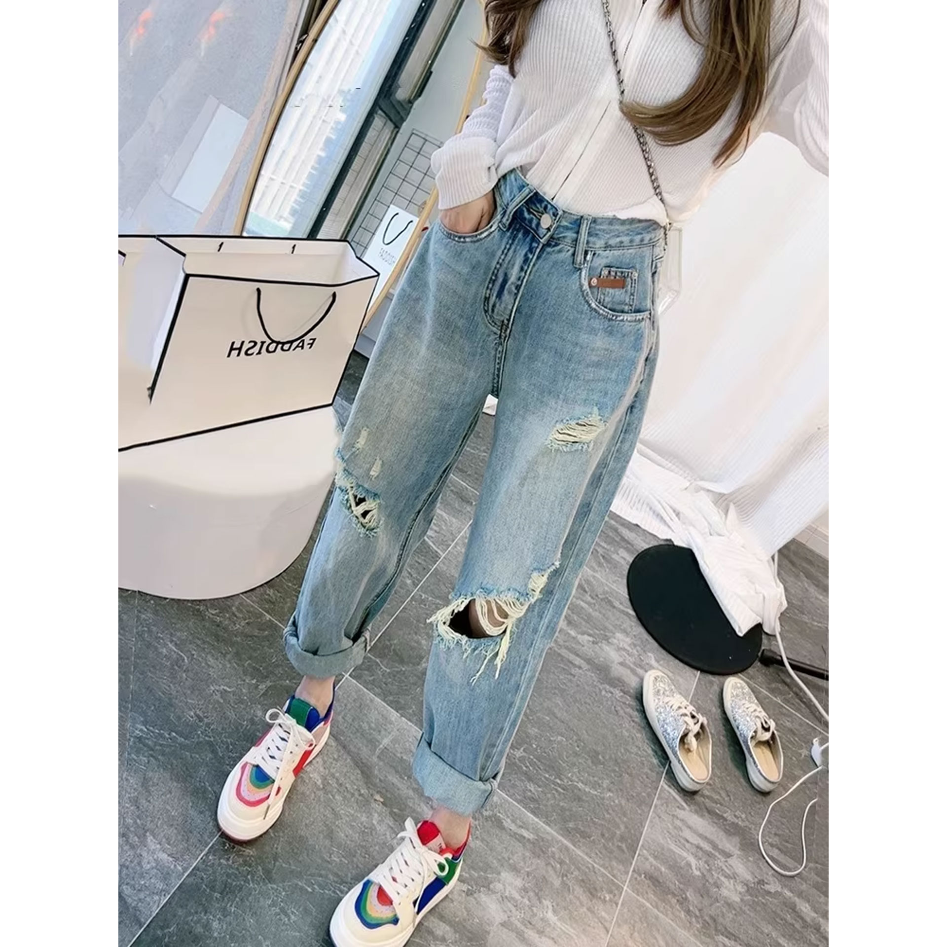 高腰破洞牛仔裤女夏薄款大码胖mm图片