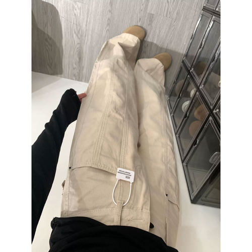美式复古米杏色工装牛仔裤女夏季大码胖mm高腰直筒阔腿拖地长裤子