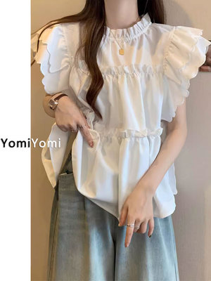 法式木耳边飞飞袖衬衫女夏季大码
