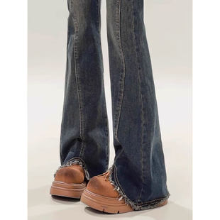 胖mm高腰显瘦毛边设计感喇叭裤 美式 大码 女春秋新款 复古微喇牛仔裤