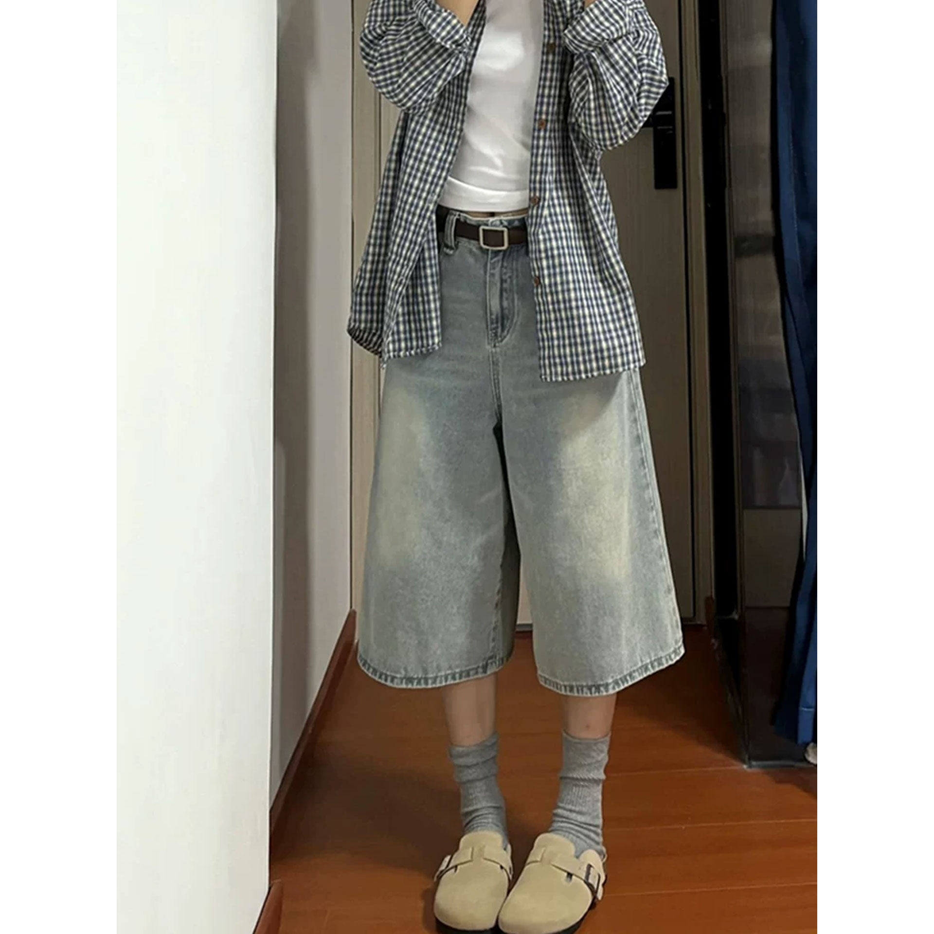 复古浅色直筒牛仔七分裤女高腰夏季新款大码胖mm宽松显瘦阔腿裤子