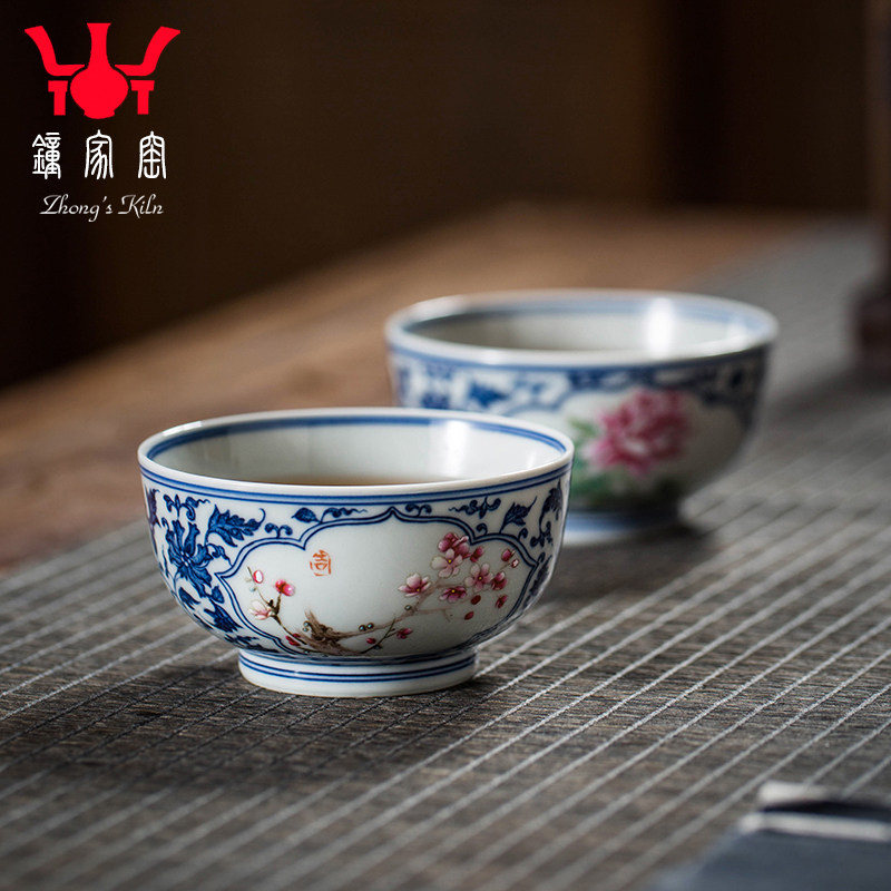 钟家窑茶杯景德镇名师万海华老师手绘青花斗彩柴窑开窗花卉主人杯