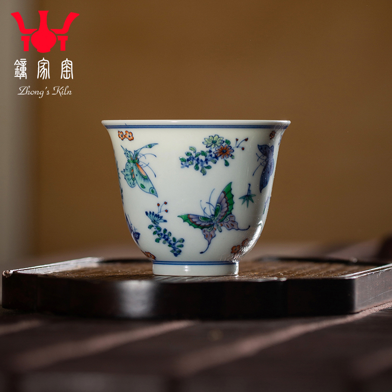钟家窑茶杯单杯景德镇陶瓷手绘百蝶图斗彩柴窑主人杯个人功夫茶杯