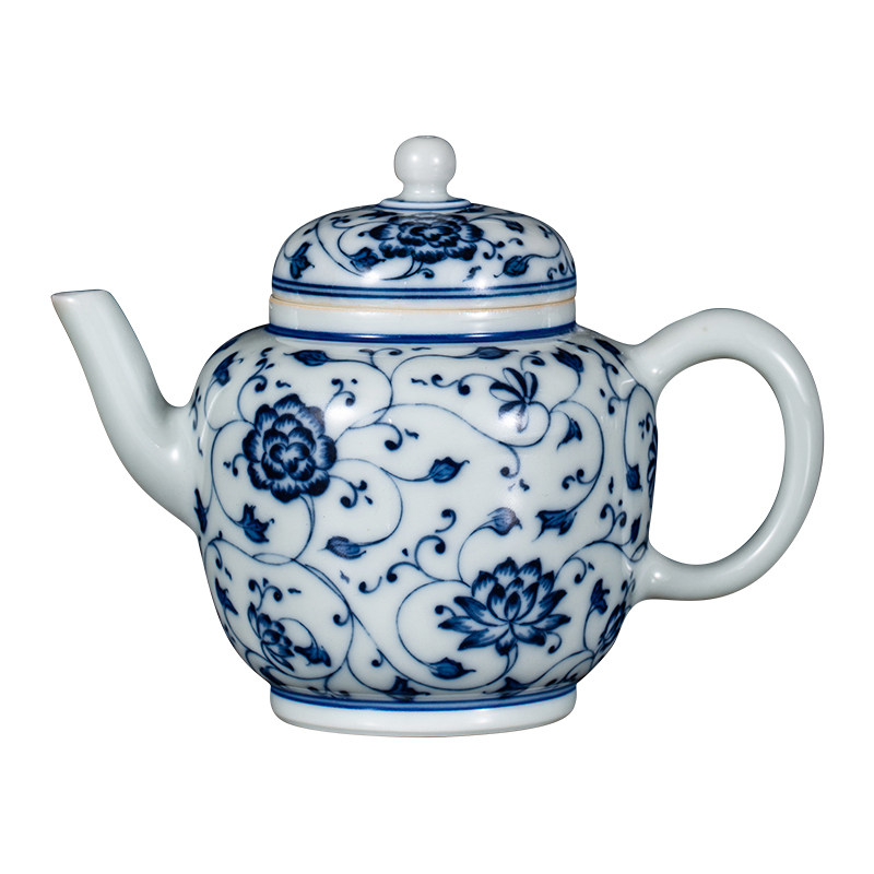 钟家窑陶瓷茶壶景德镇手绘缠枝花纹柴窑青花家用小单壶功夫泡茶壶