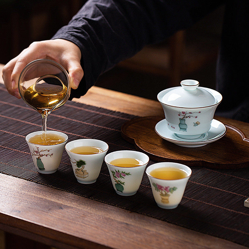 钟家窑茶具套装陶瓷一盖碗四杯影青粉彩手绘供青图送礼礼盒装气窑,餐饮具,功夫茶具,淘宝优惠券,粉丝福利购,淘宝优惠卷